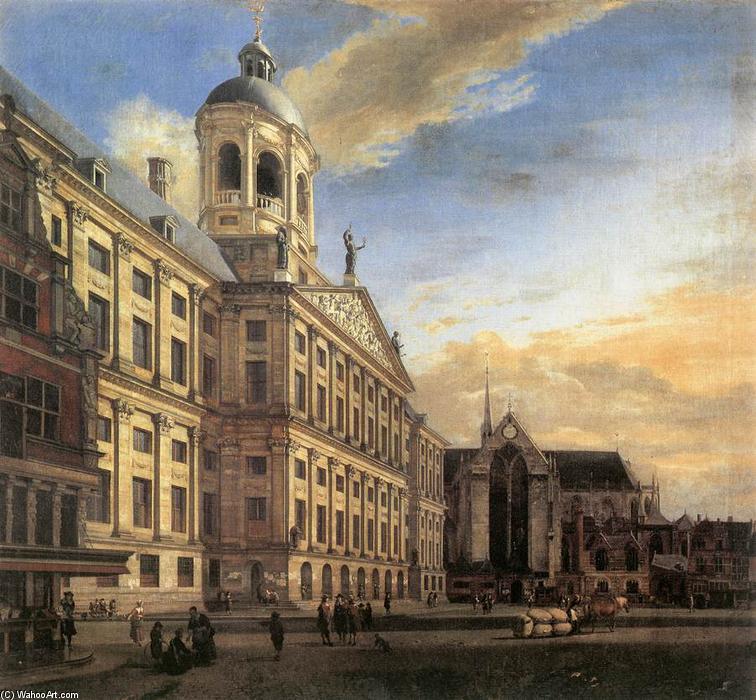 WikiOO.org - Enciclopedia of Fine Arts - Pictura, lucrări de artă Jan Van Der Heyden - Amsterdam, Dam Square with the Town Hall and the Nieuwe Kerk