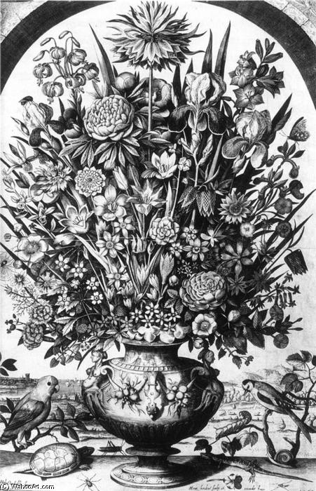 WikiOO.org - Εγκυκλοπαίδεια Καλών Τεχνών - Ζωγραφική, έργα τέχνης Hendrik I Hondius - Flower Piece with Birds