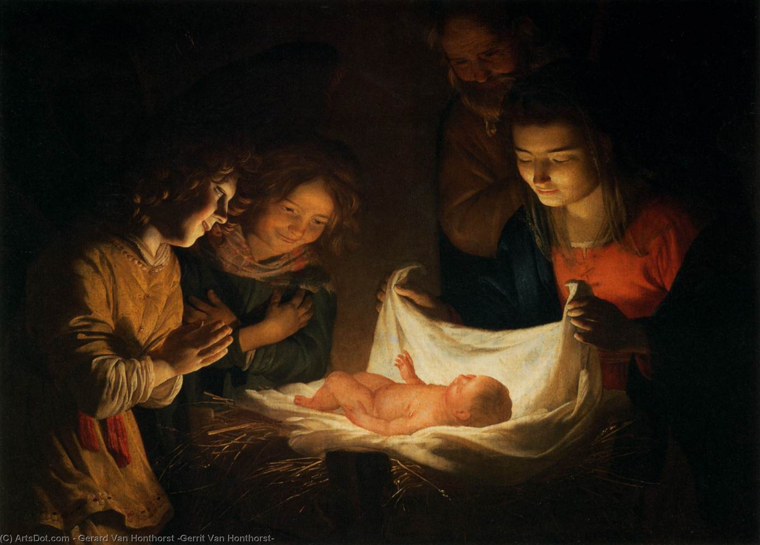 Wikioo.org - The Encyclopedia of Fine Arts - Painting, Artwork by Gerard Van Honthorst (Gerrit Van Honthorst) - Adoration of the Child