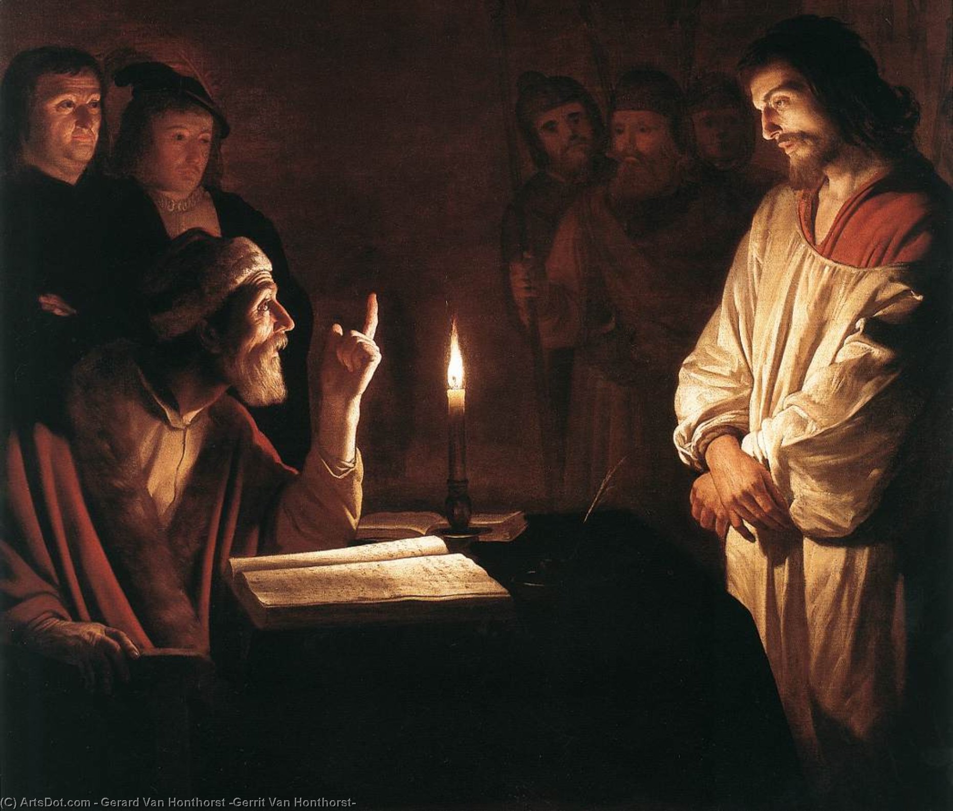 Wikioo.org - สารานุกรมวิจิตรศิลป์ - จิตรกรรม Gerard Van Honthorst (Gerrit Van Honthorst) - Christ before the High Priest (detail)