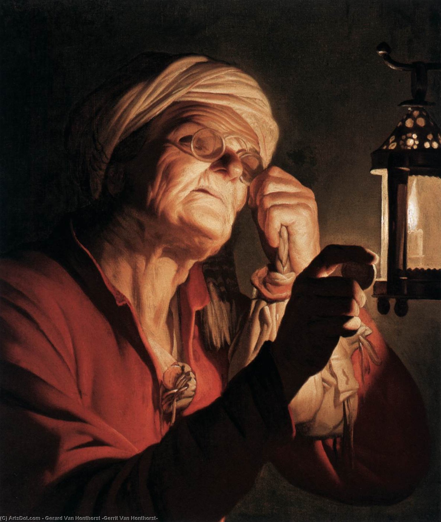 Wikioo.org - The Encyclopedia of Fine Arts - Painting, Artwork by Gerard Van Honthorst (Gerrit Van Honthorst) - Old Woman Examining a Coin