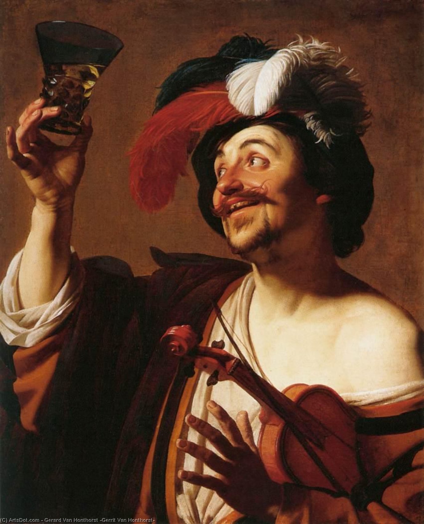 Wikioo.org - The Encyclopedia of Fine Arts - Painting, Artwork by Gerard Van Honthorst (Gerrit Van Honthorst) - The Happy Violinist with a Glass of Wine