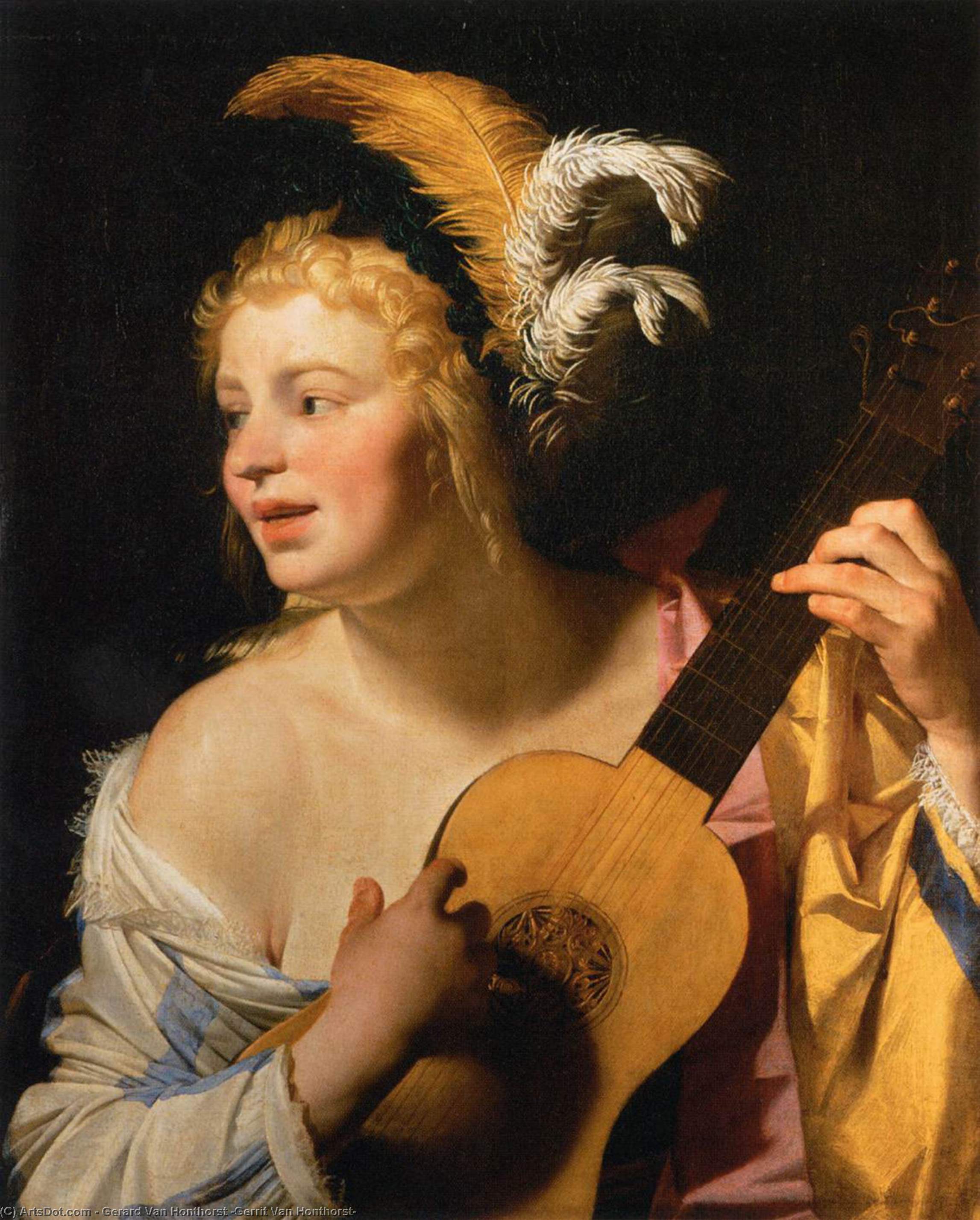 Wikioo.org - The Encyclopedia of Fine Arts - Painting, Artwork by Gerard Van Honthorst (Gerrit Van Honthorst) - Woman Playing the Guitar