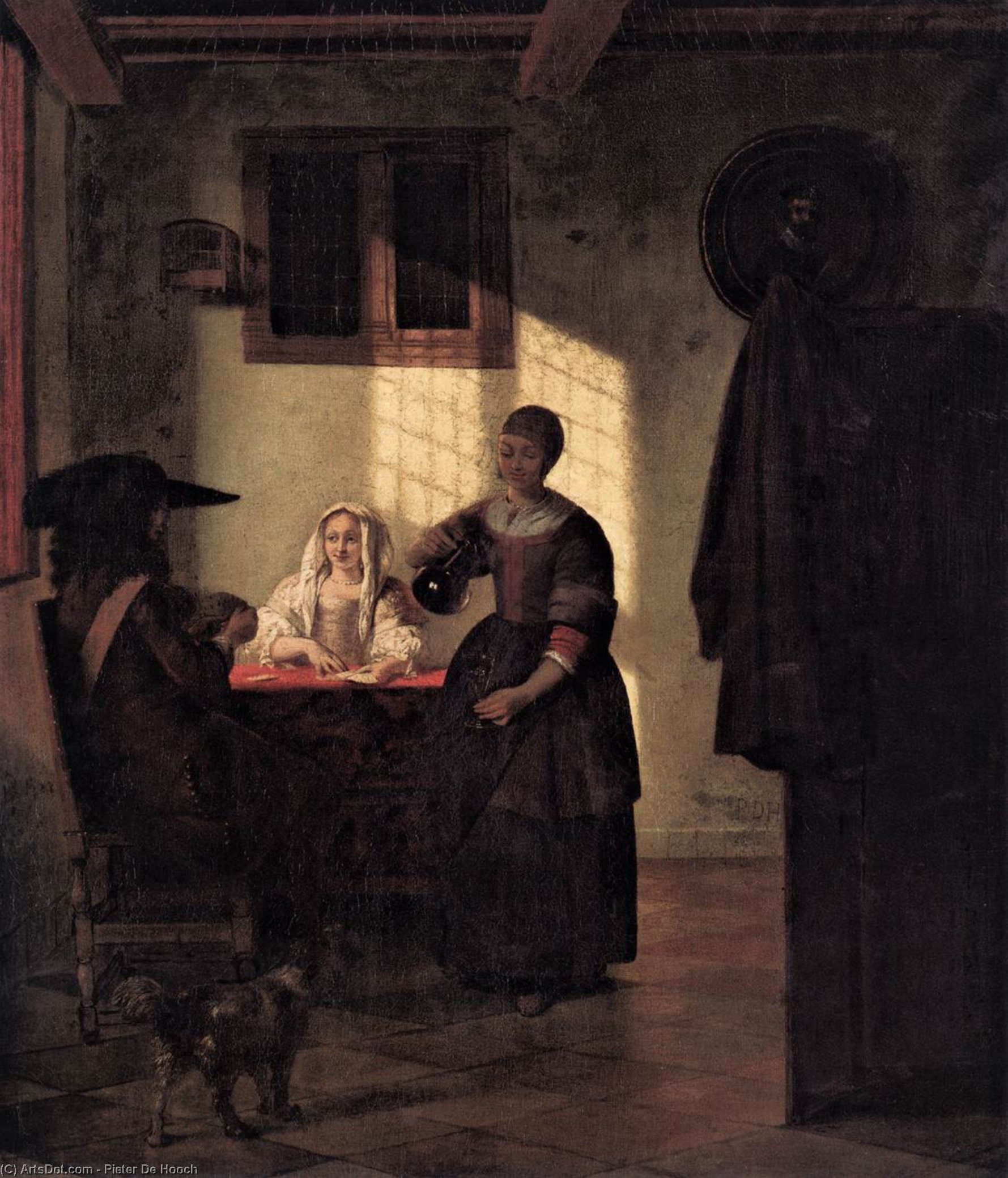 Wikioo.org - The Encyclopedia of Fine Arts - Painting, Artwork by Pieter De Hooch - A Couple Playing Cards, with a Serving Woman