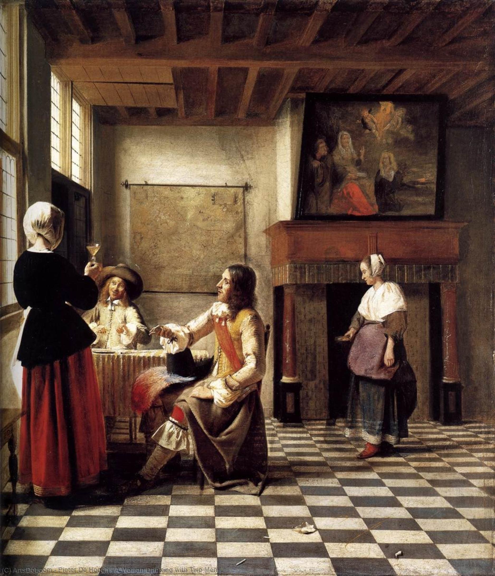 Wikioo.org – L'Encyclopédie des Beaux Arts - Peinture, Oeuvre de Pieter De Hooch - une femme potable  avec  deux  hommes