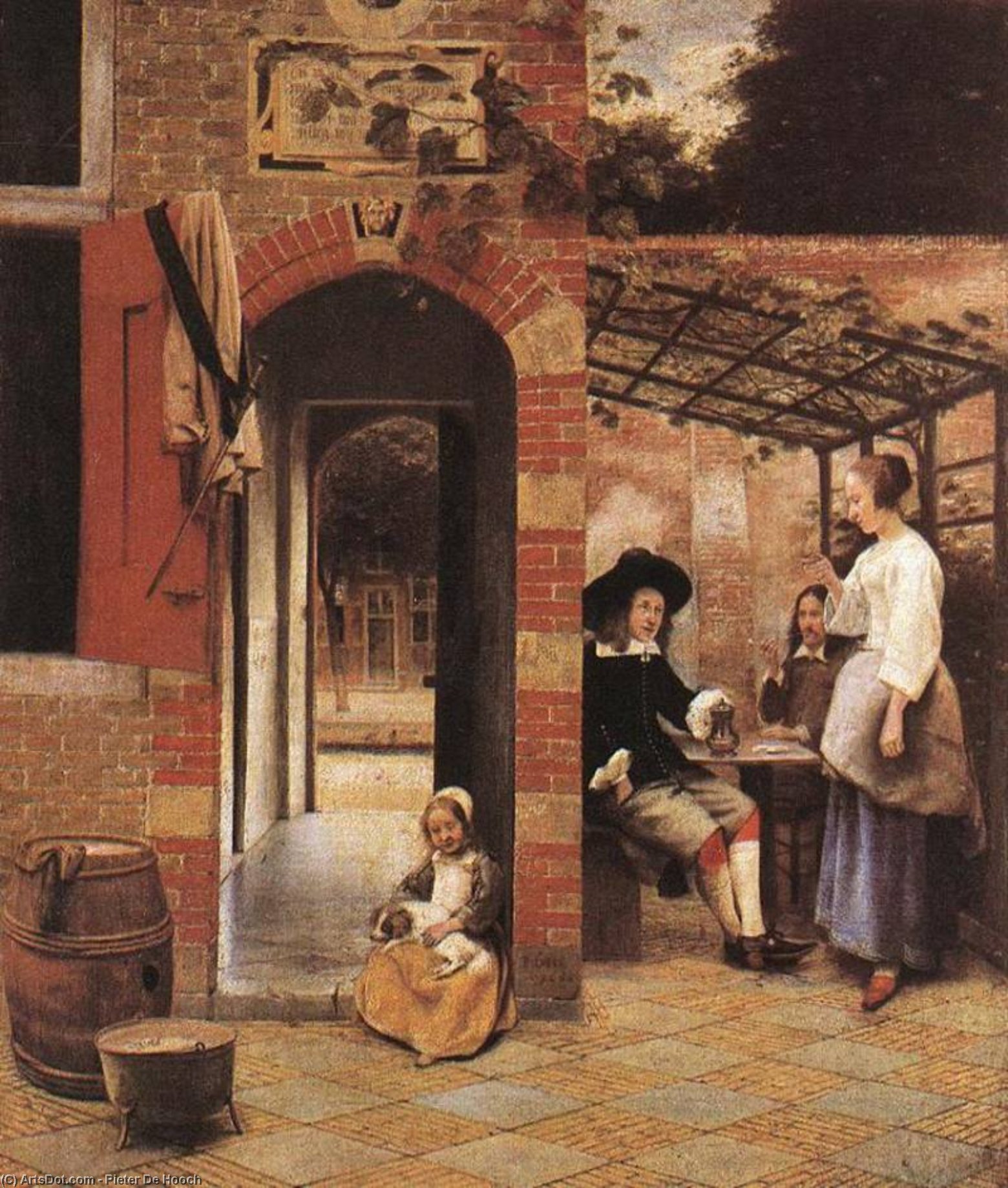 Wikioo.org - The Encyclopedia of Fine Arts - Painting, Artwork by Pieter De Hooch - Drinkers in the Bower