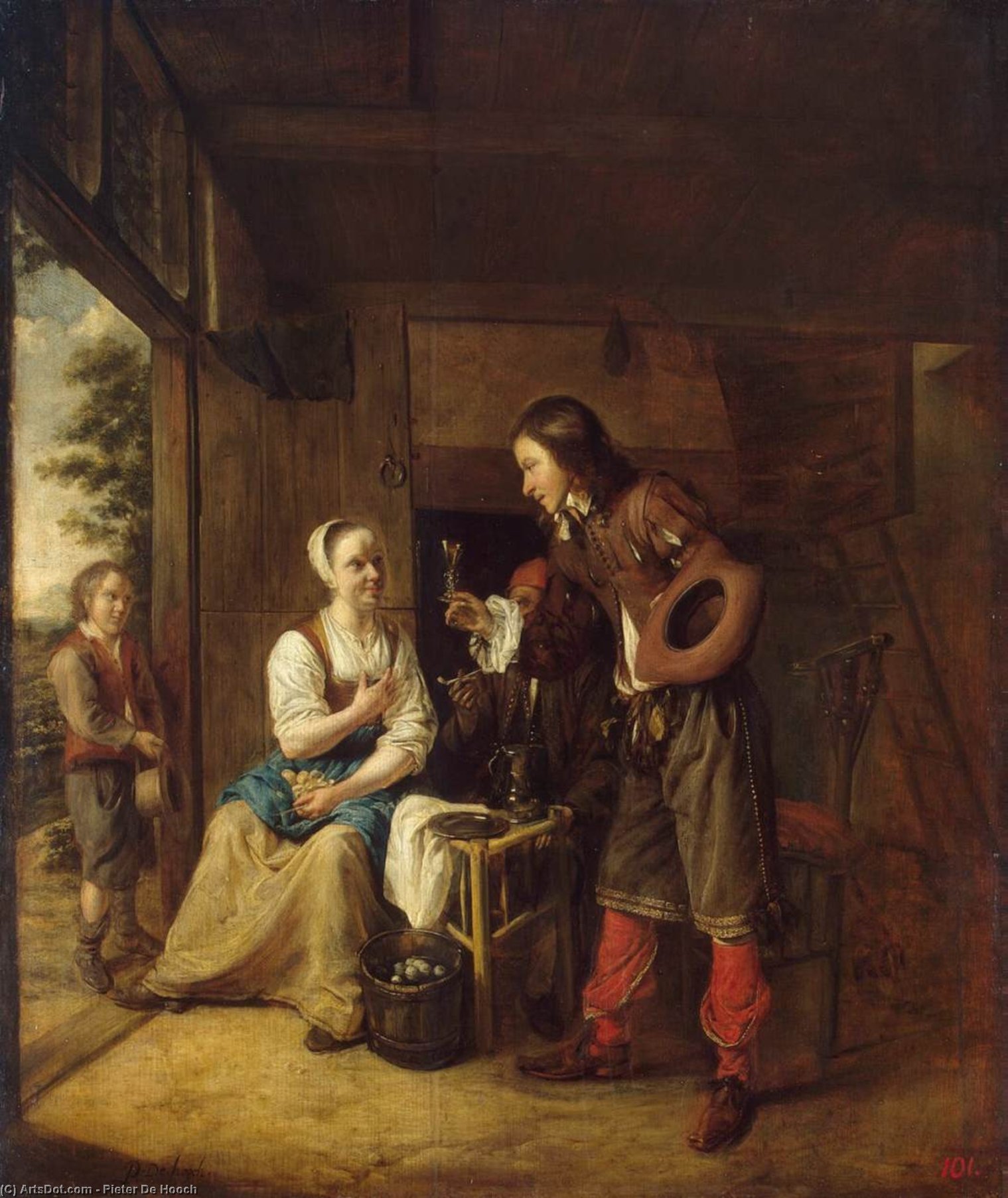 Wikioo.org - The Encyclopedia of Fine Arts - Painting, Artwork by Pieter De Hooch - Man Offering a Glass of Wine to a Woman