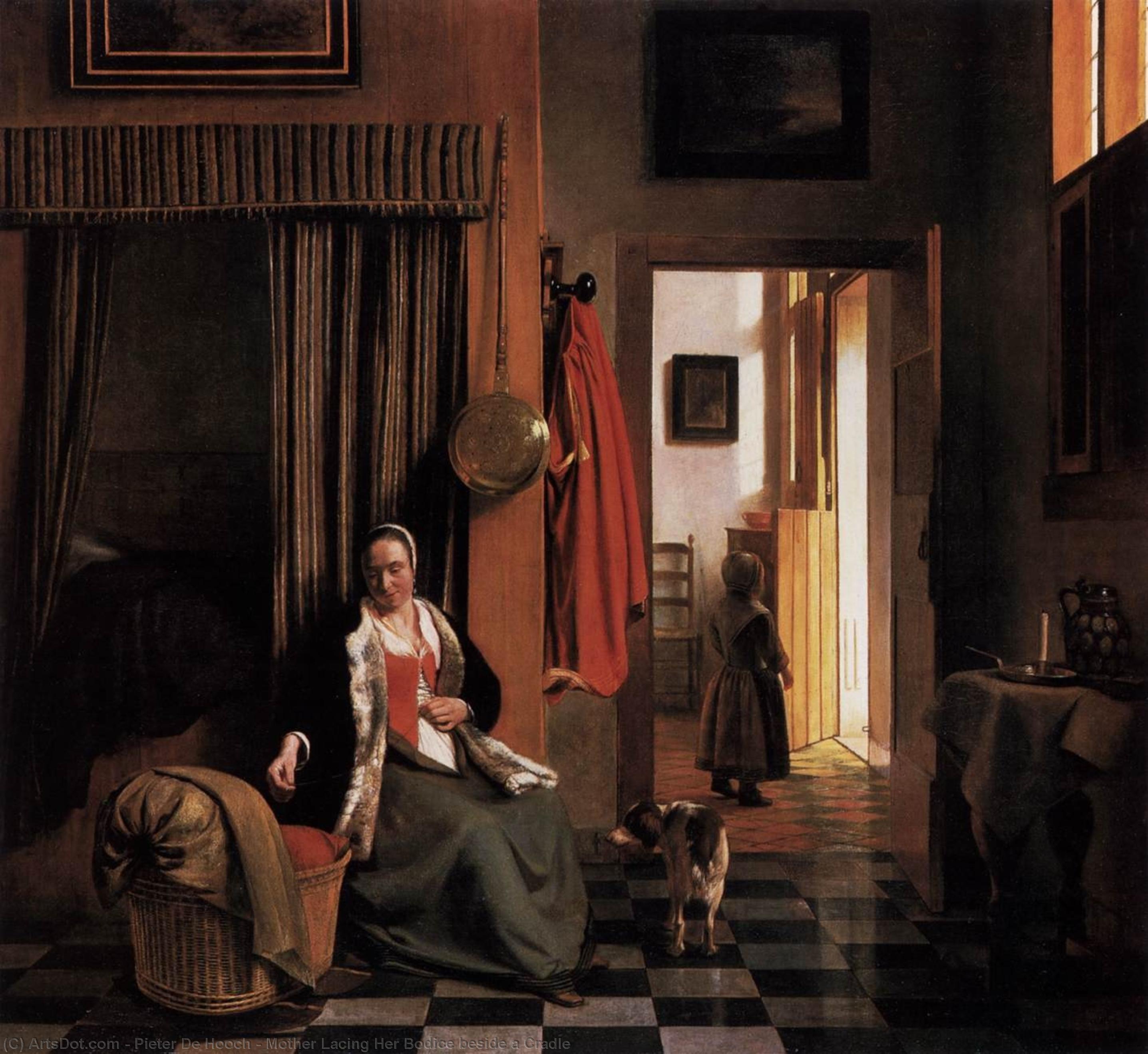 Wikioo.org - The Encyclopedia of Fine Arts - Painting, Artwork by Pieter De Hooch - Mother Lacing Her Bodice beside a Cradle