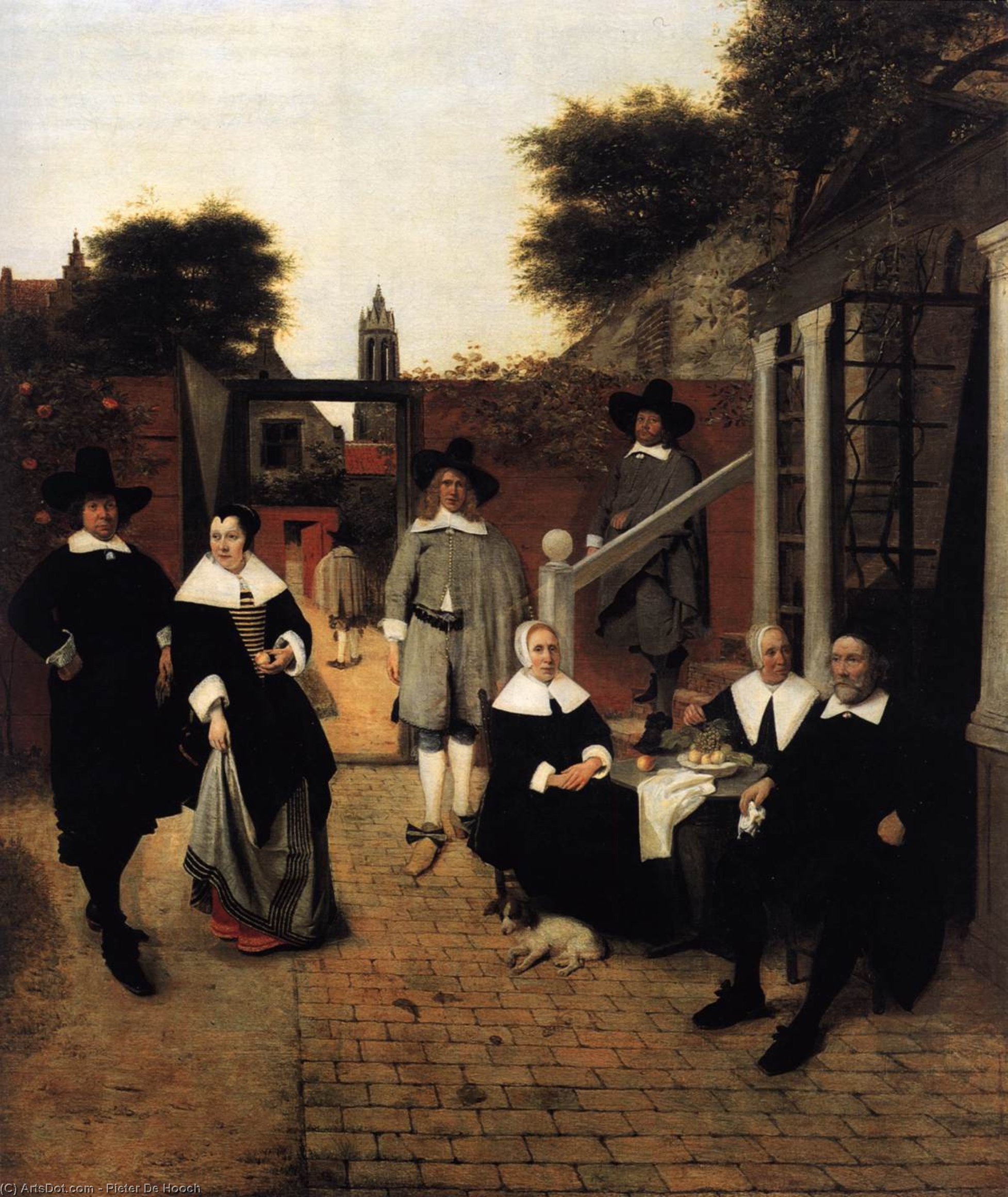 Wikioo.org – L'Encyclopédie des Beaux Arts - Peinture, Oeuvre de Pieter De Hooch - portrait d'un famille dans un Courrtyard en delft
