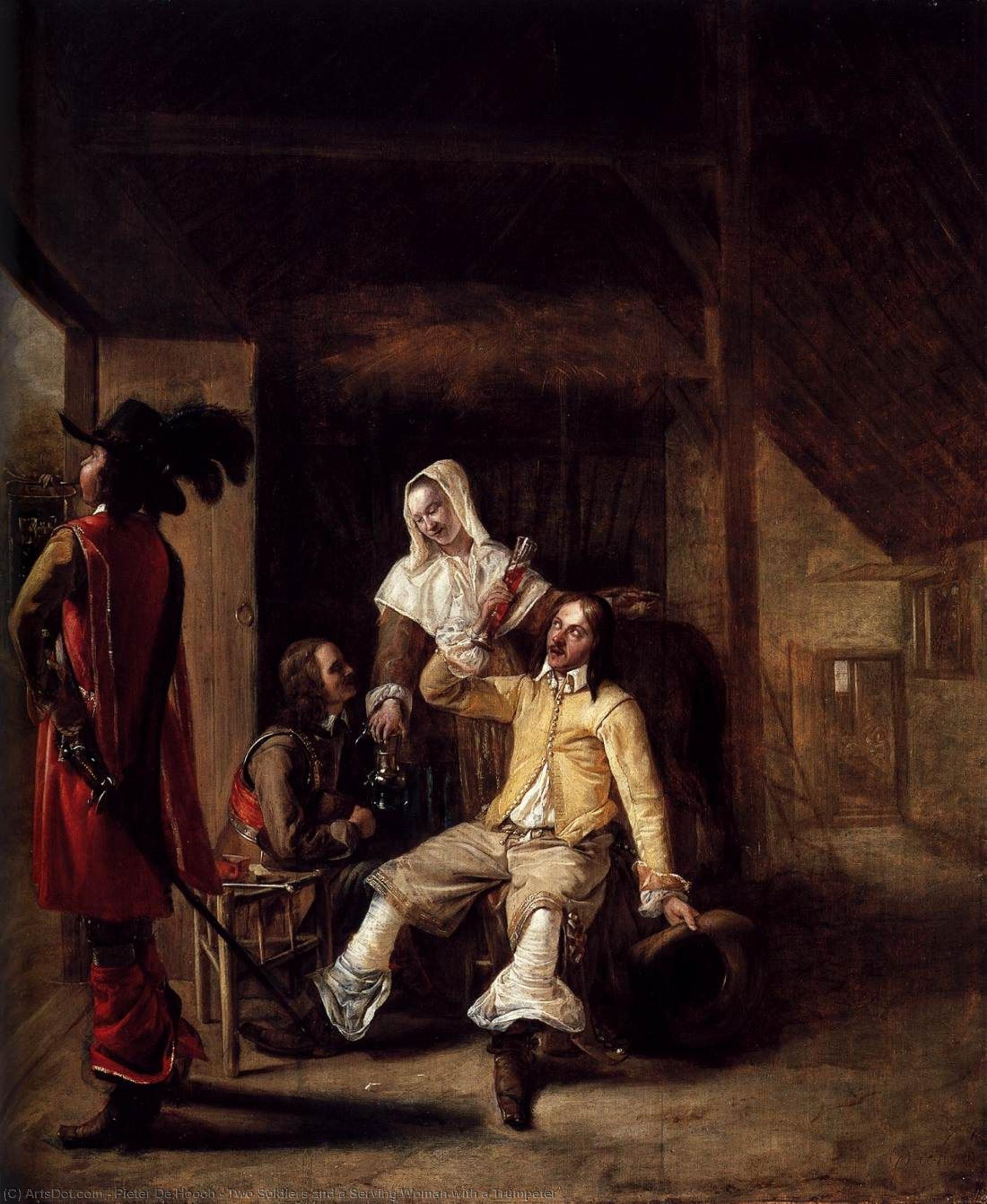 Wikioo.org - The Encyclopedia of Fine Arts - Painting, Artwork by Pieter De Hooch - Two Soldiers and a Serving Woman with a Trumpeter
