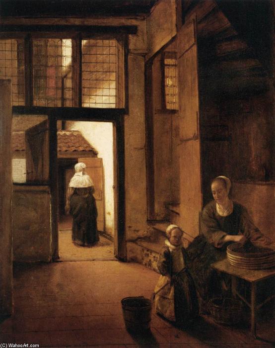 Wikioo.org - The Encyclopedia of Fine Arts - Painting, Artwork by Pieter De Hooch - Woman Peeling Vegetables in the Back Room of a Dutch House