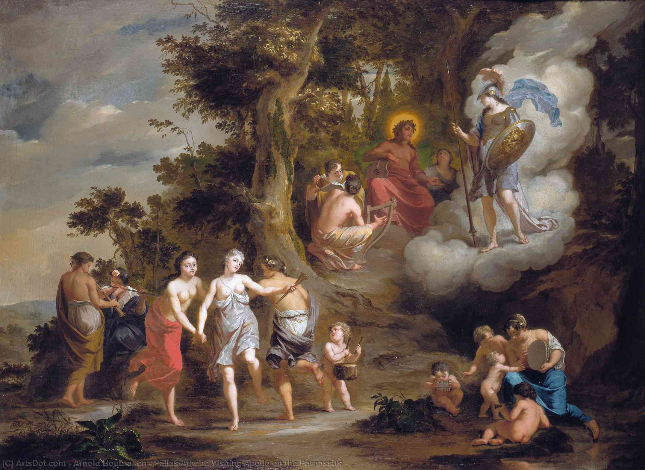 Wikioo.org - Bách khoa toàn thư về mỹ thuật - Vẽ tranh, Tác phẩm nghệ thuật Arnold Houbraken - Pallas Athene Visiting Apollo on the Parnassus