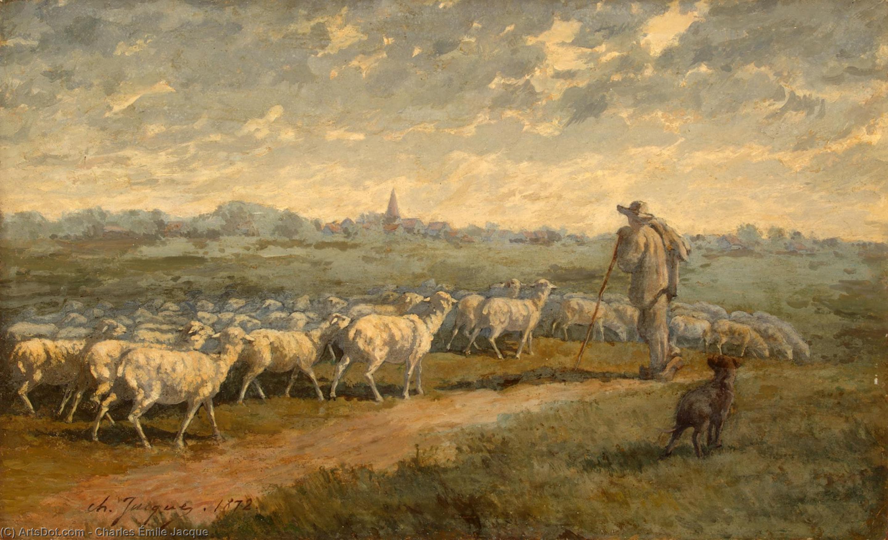 Wikioo.org - The Encyclopedia of Fine Arts - Painting, Artwork by Charles Émile Jacque - Landscape with a Herd