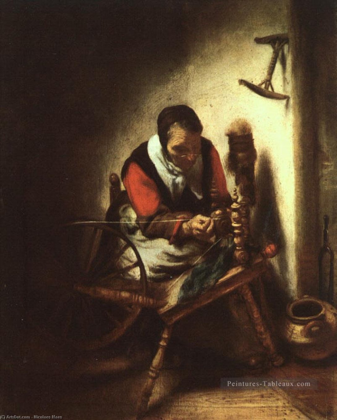 WikiOO.org - Encyclopedia of Fine Arts - Schilderen, Artwork Nicolaes Maes - A Woman Spinning
