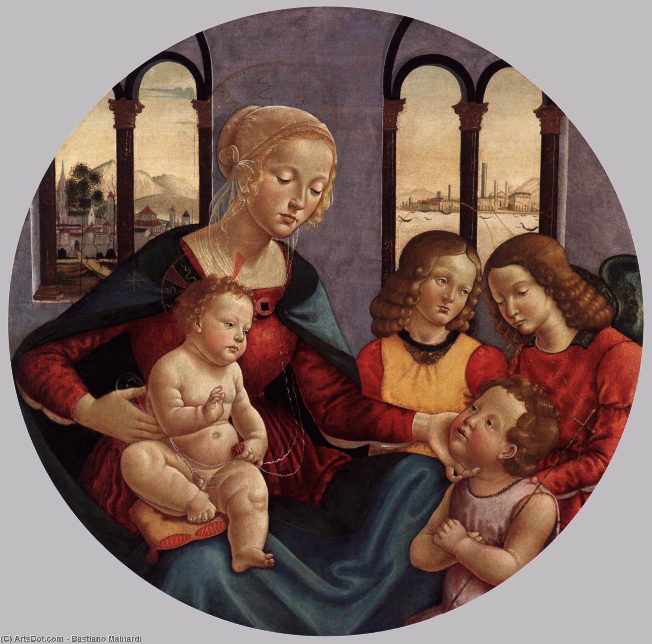 Wikioo.org - The Encyclopedia of Fine Arts - Painting, Artwork by Bastiano Mainardi - Madonna with Child, the Young St John and Two Angels