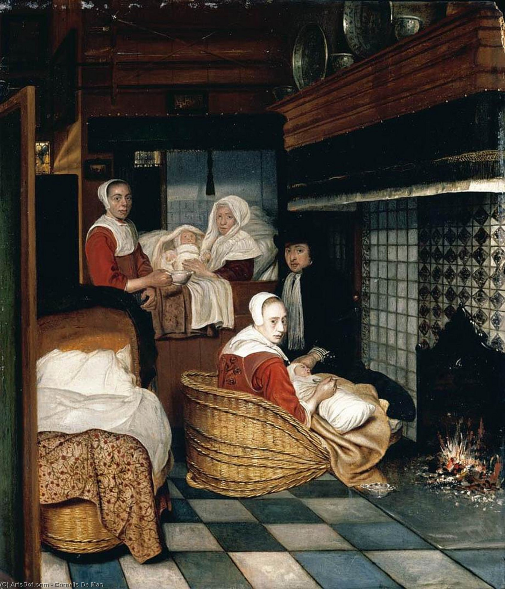 Wikioo.org - The Encyclopedia of Fine Arts - Painting, Artwork by Cornelis De Man - Interior with a Family and Two Nurses before a Fire