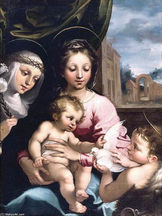 WikiOO.org – 美術百科全書 - 繪畫，作品 Rutilio Manetti - 麦当娜和儿童与婴儿圣约翰锡耶纳的浸信会和圣凯瑟琳