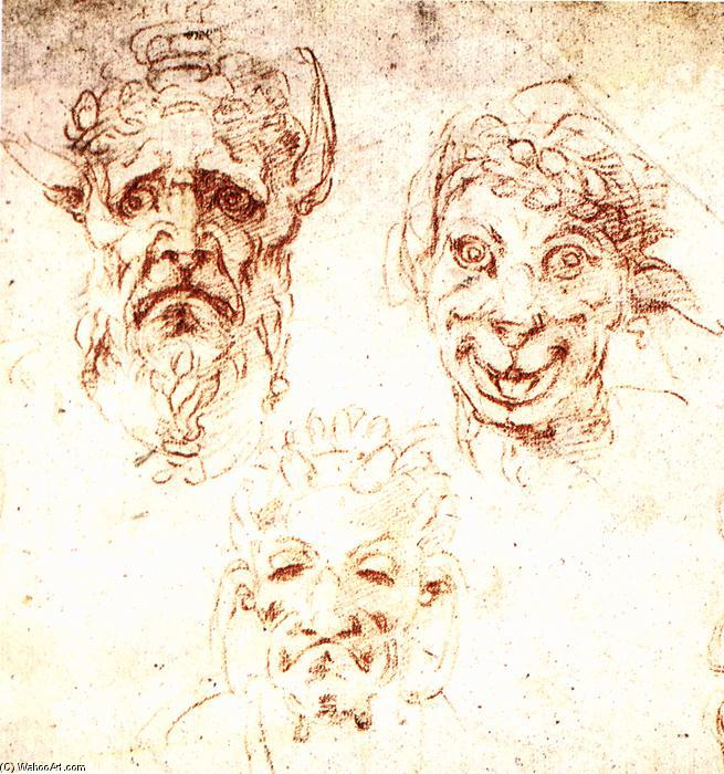 Wikoo.org - موسوعة الفنون الجميلة - اللوحة، العمل الفني Michelangelo Buonarroti - Studies of grotesque heads
