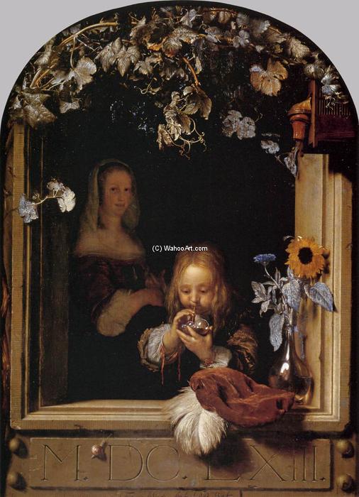 Wikioo.org – La Enciclopedia de las Bellas Artes - Pintura, Obras de arte de Frans Van Mieris - Burbujas que soplan del muchacho