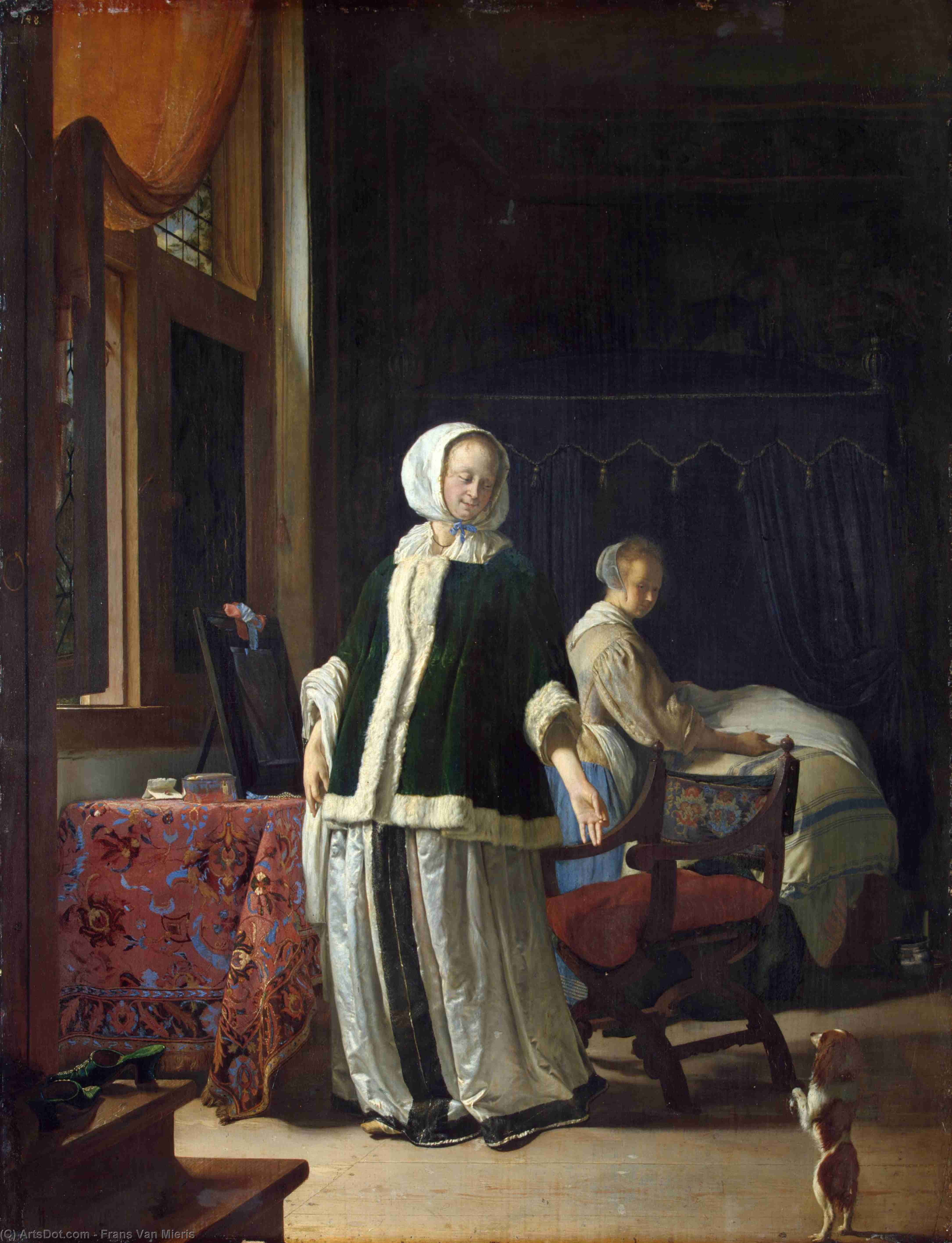 Wikioo.org – La Enciclopedia de las Bellas Artes - Pintura, Obras de arte de Frans Van Mieris - mujer joven cómo  el  La mañana