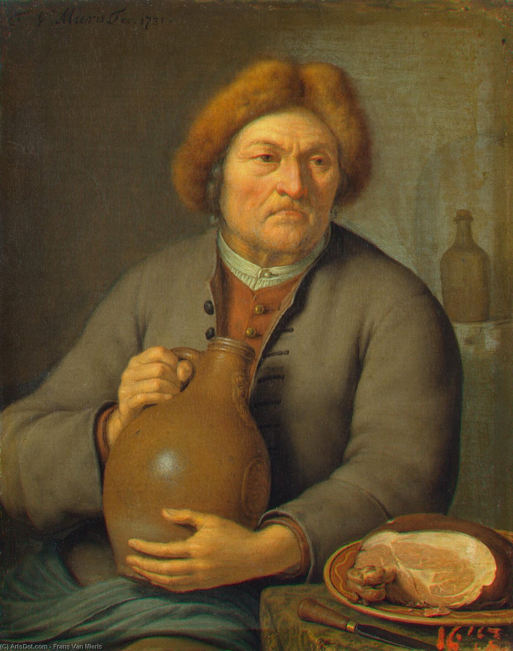 Wikioo.org - The Encyclopedia of Fine Arts - Painting, Artwork by Frans Van Mieris - Old Peasant Holding a Jug