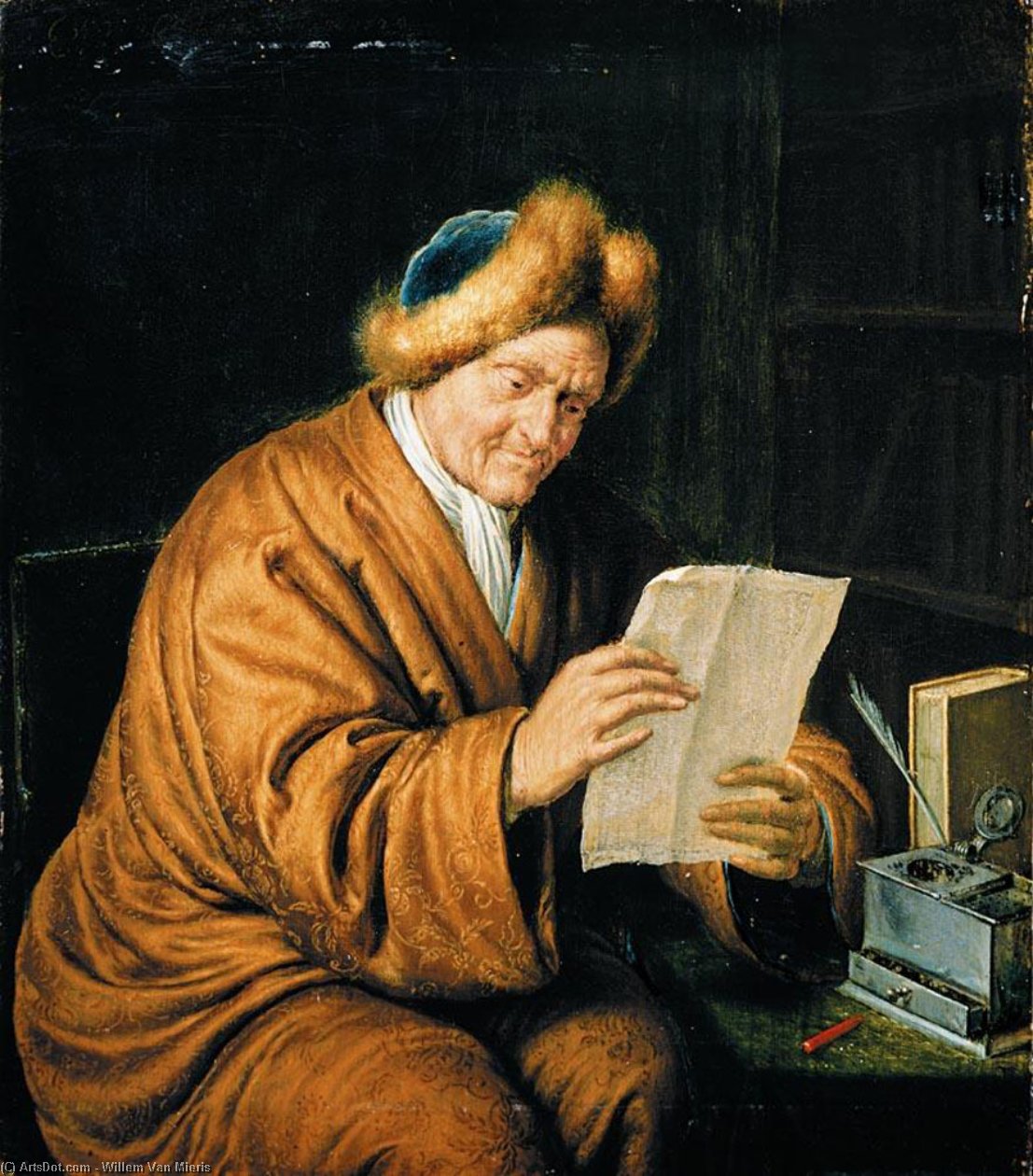 Wikioo.org - The Encyclopedia of Fine Arts - Painting, Artwork by Willem Van Mieris - An Old Man Reading