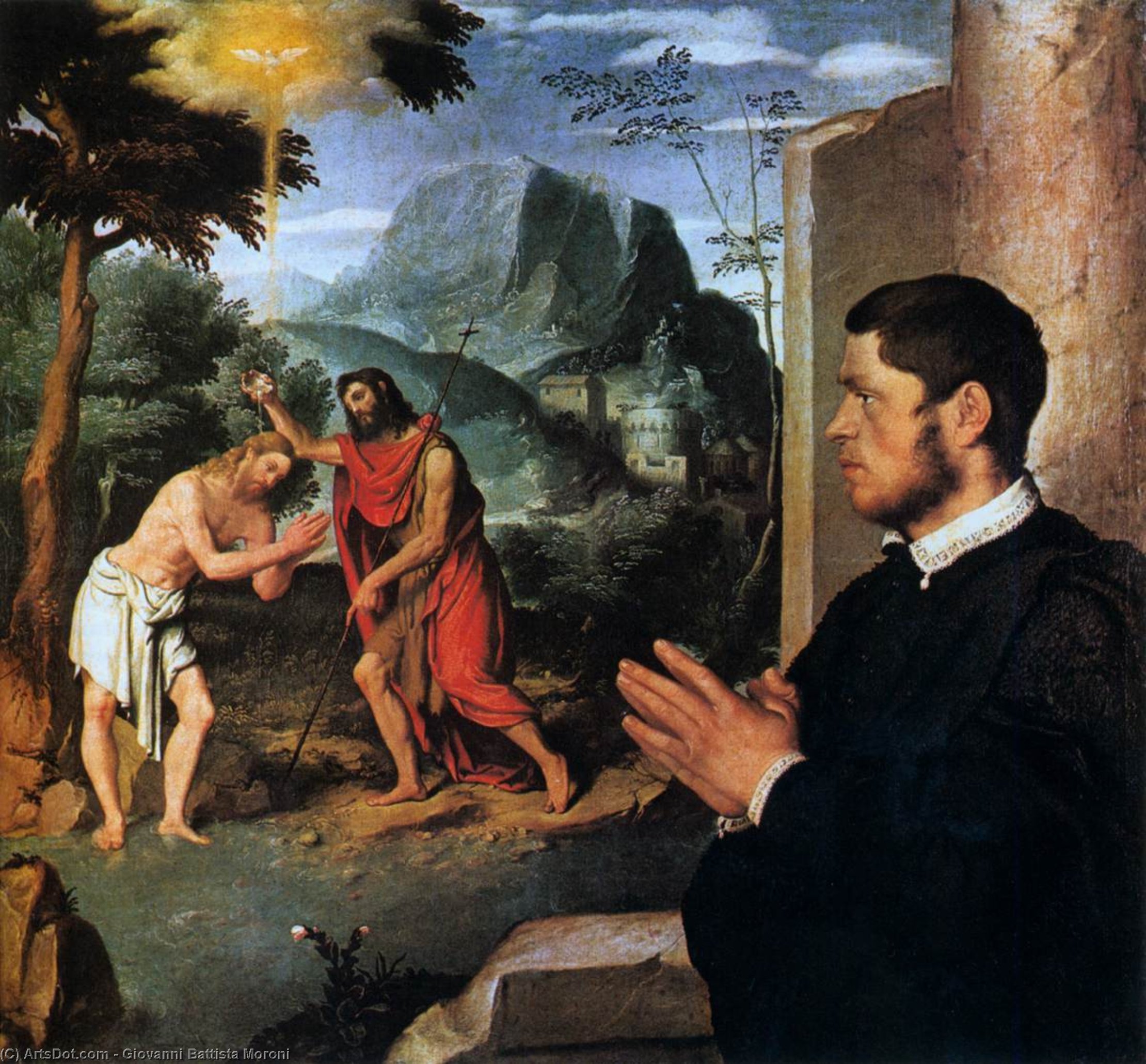 Wikioo.org - The Encyclopedia of Fine Arts - Painting, Artwork by Giovanni Battista Moroni - The Baptism of Christ with a Donor
