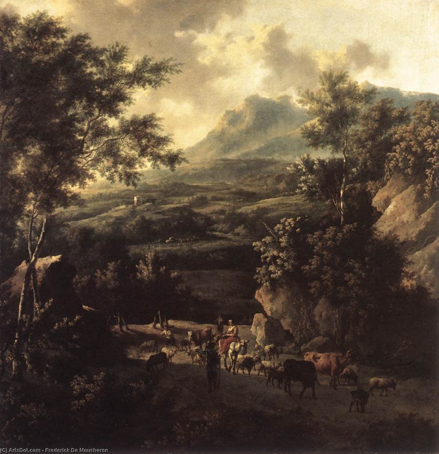 Wikioo.org - The Encyclopedia of Fine Arts - Painting, Artwork by Frederik De Moucheron - Mountain Scene with Herd of Cattle
