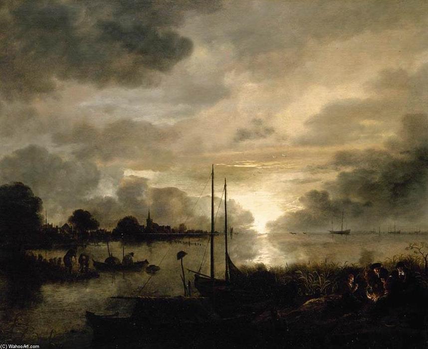 Wikioo.org - The Encyclopedia of Fine Arts - Painting, Artwork by Aert Van Der Neer - Estuary Landscape by Moonlight