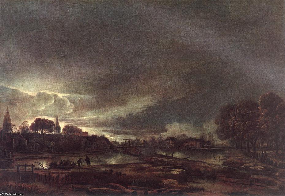 Wikioo.org - The Encyclopedia of Fine Arts - Painting, Artwork by Aert Van Der Neer - Small Town at Dusk
