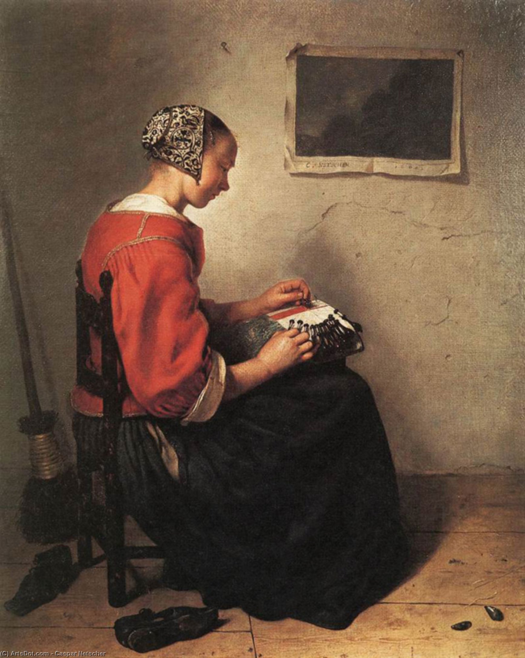 Wikioo.org - The Encyclopedia of Fine Arts - Painting, Artwork by Caspar Netscher - The Lace-Maker