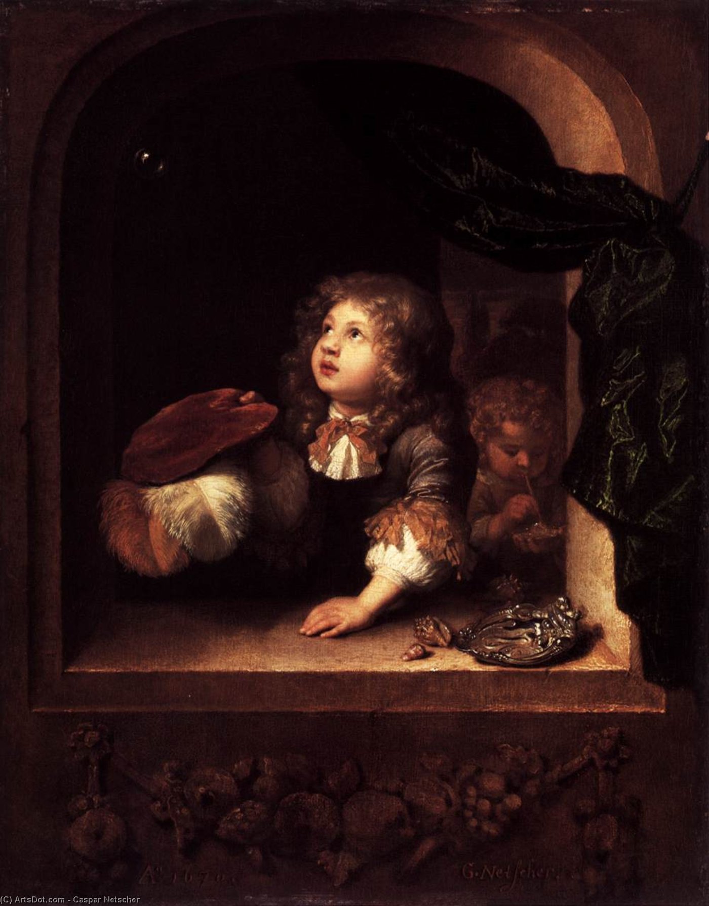 WikiOO.org - Εγκυκλοπαίδεια Καλών Τεχνών - Ζωγραφική, έργα τέχνης Caspar Netscher - Two Boys Blowing Bubbles