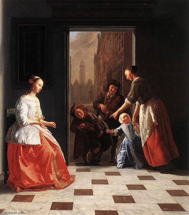Wikioo.org - The Encyclopedia of Fine Arts - Painting, Artwork by Jacob Ochtervelt - Street Musicians at the Doorway of a House