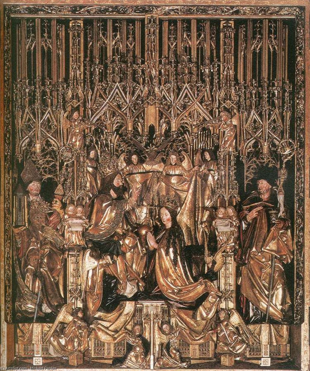 Wikioo.org - The Encyclopedia of Fine Arts - Painting, Artwork by Michael Pacher - Coronation of the Virgin between St Wolfgang and St Benedict