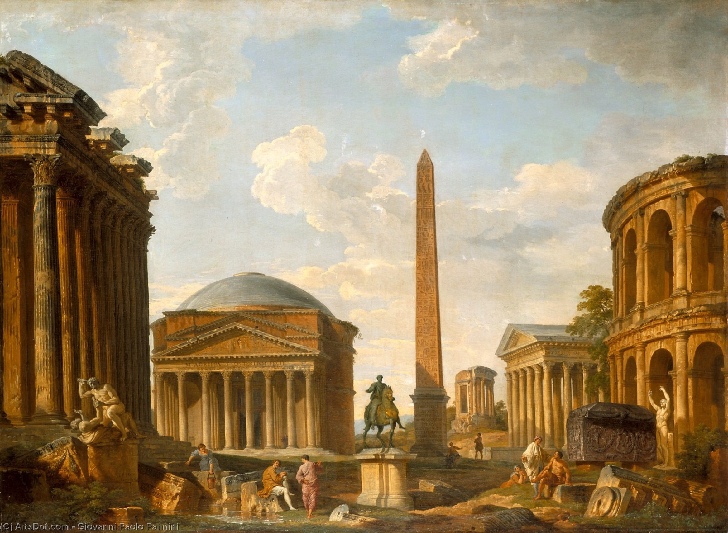 Wikioo.org - The Encyclopedia of Fine Arts - Painting, Artwork by Giovanni Paolo Pannini - Roman Capriccio: The Pantheon and Other Monuments