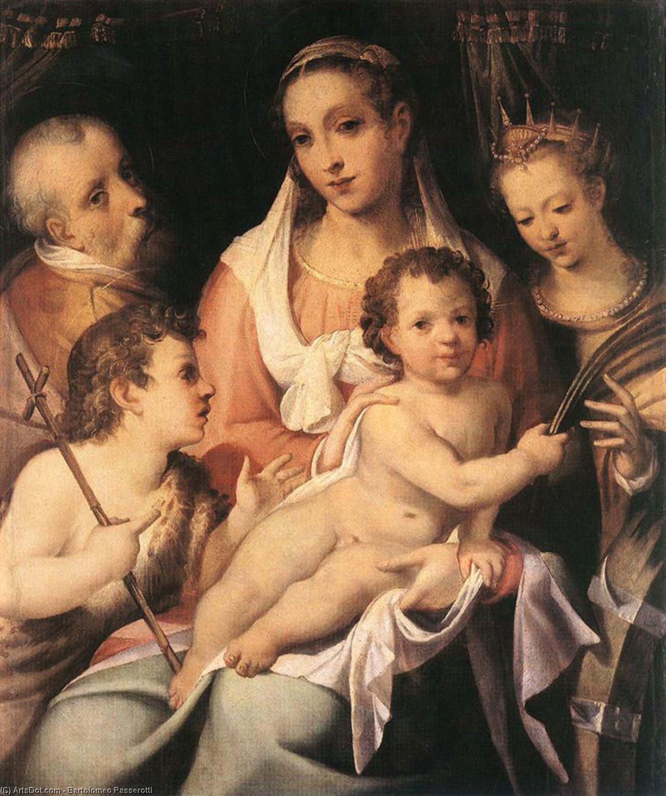 Wikioo.org - The Encyclopedia of Fine Arts - Painting, Artwork by Bartolomeo Passarotti - Holy Family with the Infant St John the Baptist and St Catherine of Alexandria