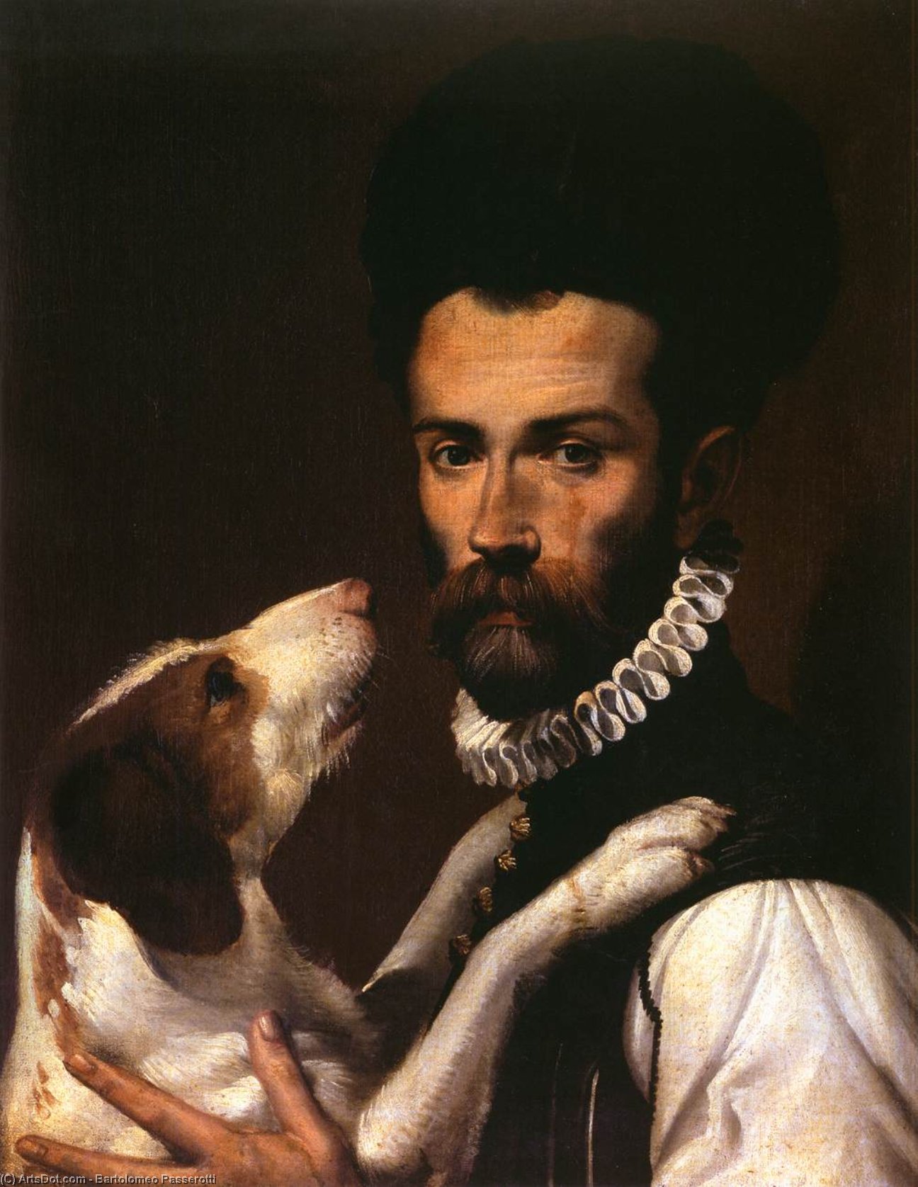 Wikioo.org – L'Enciclopedia delle Belle Arti - Pittura, Opere di Bartolomeo Passarotti - ritratto di una uomo con  Un  cane  particolare