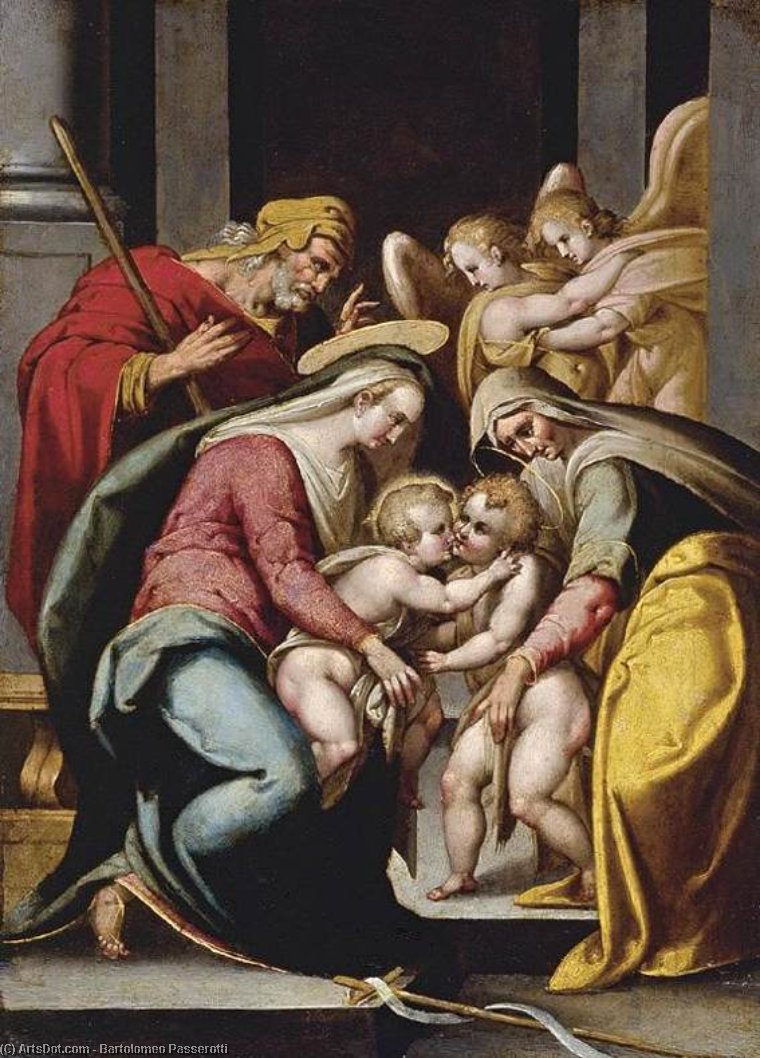 WikiOO.org – 美術百科全書 - 繪畫，作品 Bartolomeo Passarotti -  神圣的 家庭 与圣 伊丽莎白  和 婴儿  st  约翰  的  浸礼者