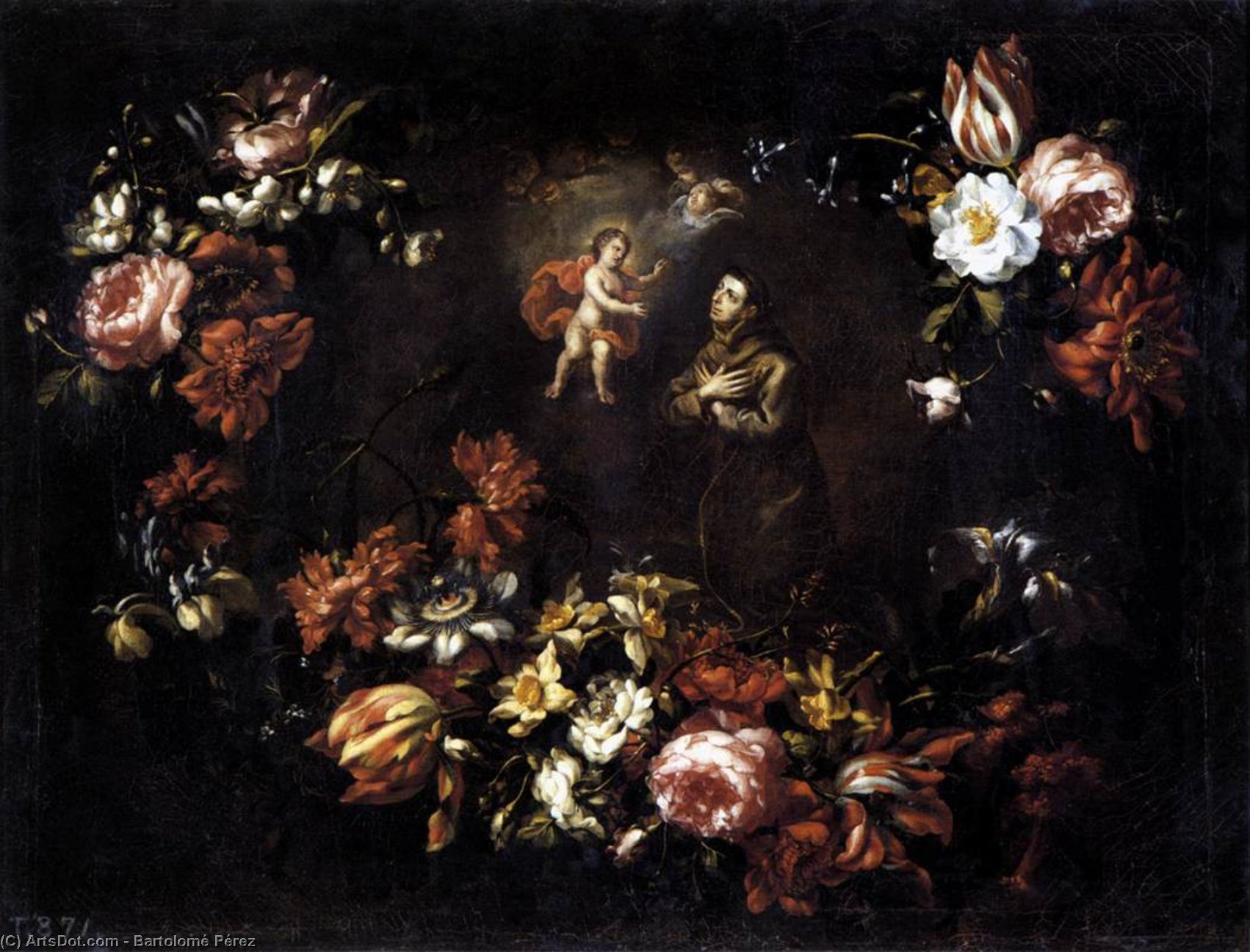 Wikioo.org - The Encyclopedia of Fine Arts - Painting, Artwork by Bartolomé Pérez - Garland of Flowers with St Anthony of Padua