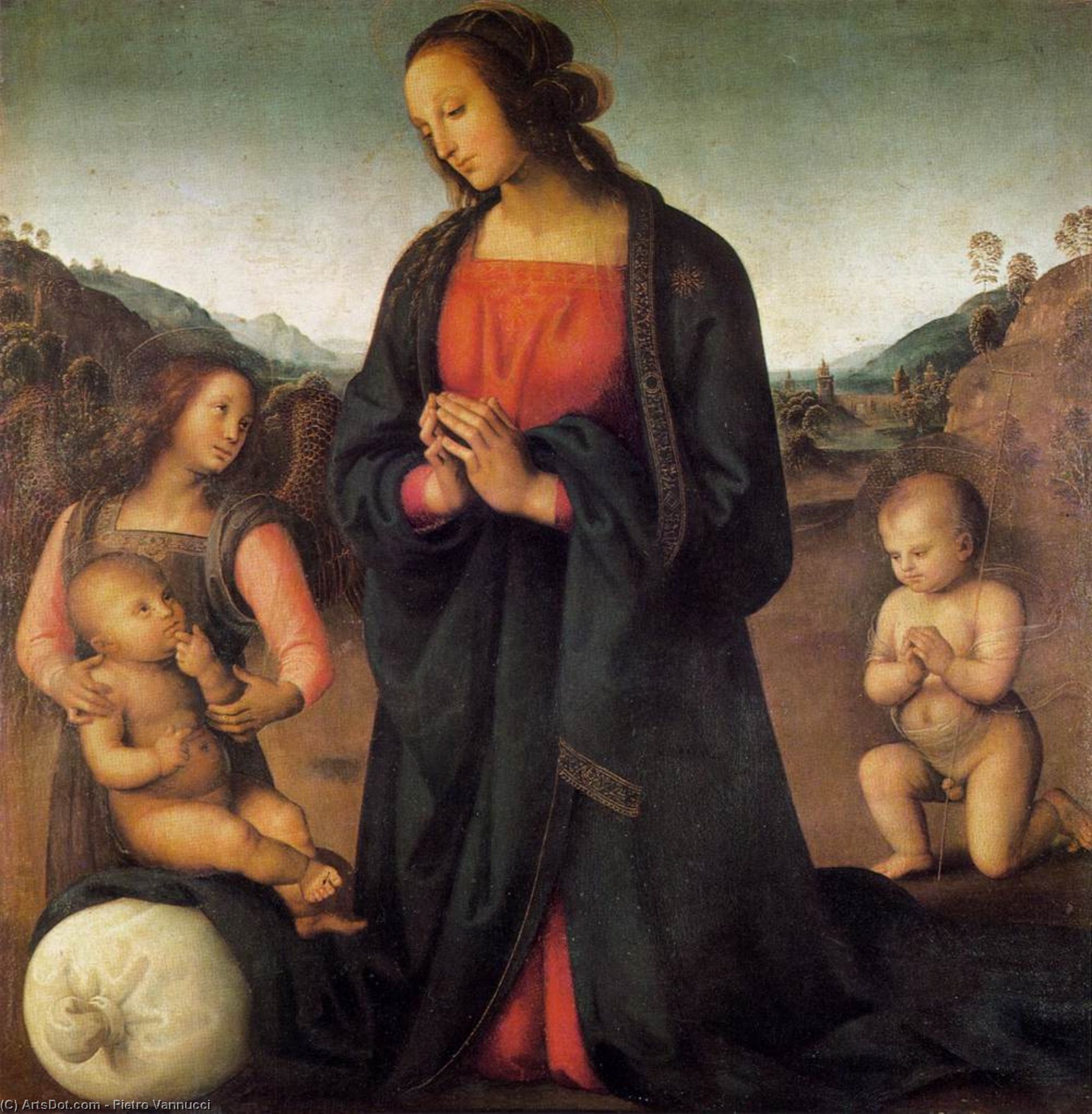 Wikioo.org - The Encyclopedia of Fine Arts - Painting, Artwork by Vannucci Pietro (Le Perugin) - Madonna, an Angel and Little St John Adoring the Child (Madonna del sacco)