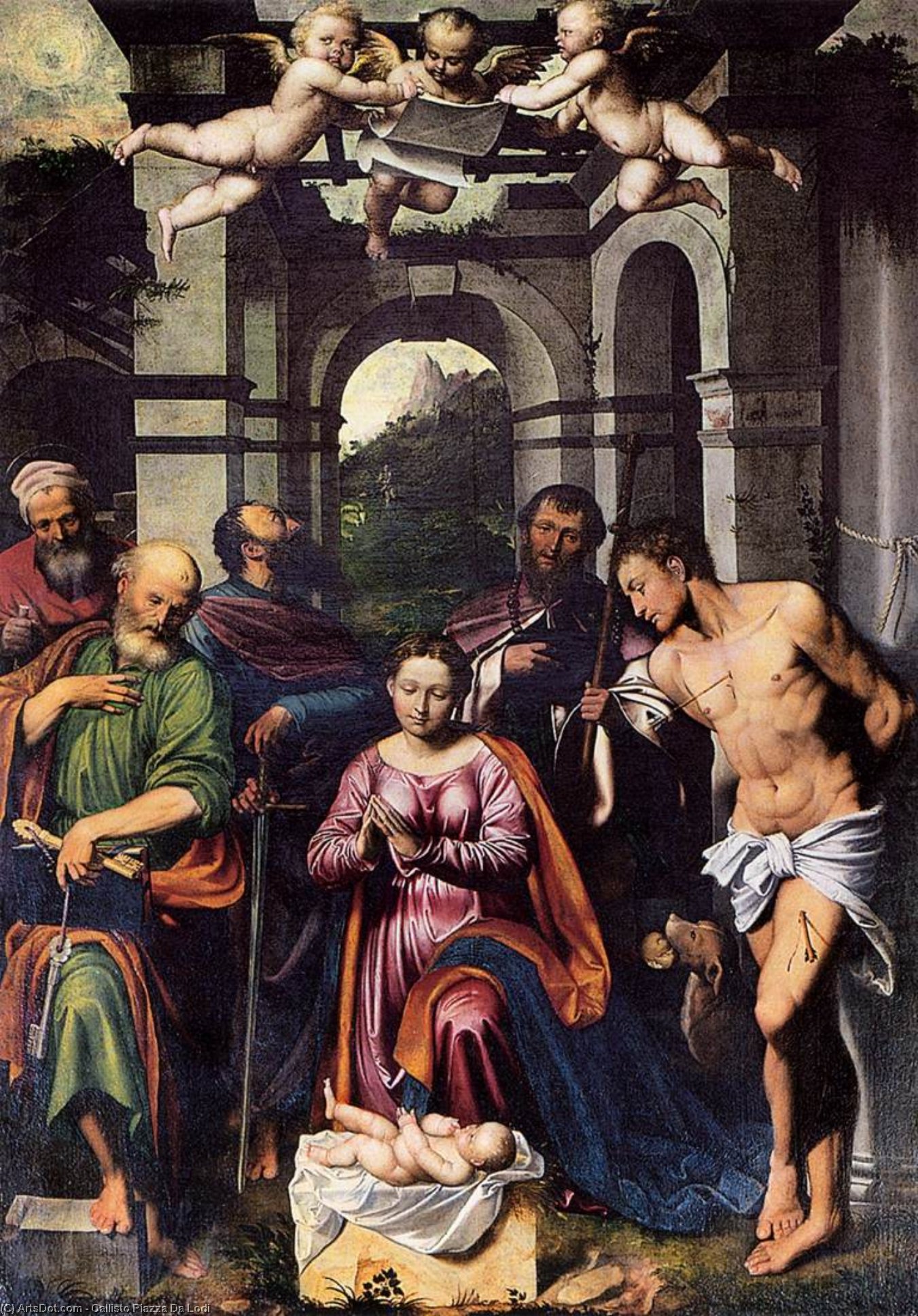Wikioo.org – L'Encyclopédie des Beaux Arts - Peinture, Oeuvre de Callisto Piazza Da Lodi - ladoration de des christ Enfant avec Saints