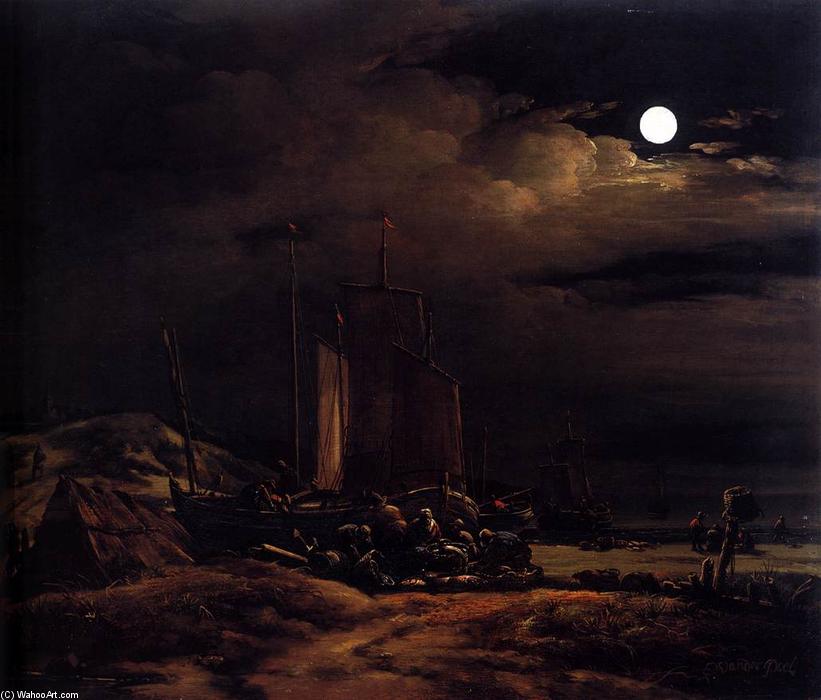 Wikioo.org - The Encyclopedia of Fine Arts - Painting, Artwork by Egbert Van Der Poel - Seashore by Moonlight