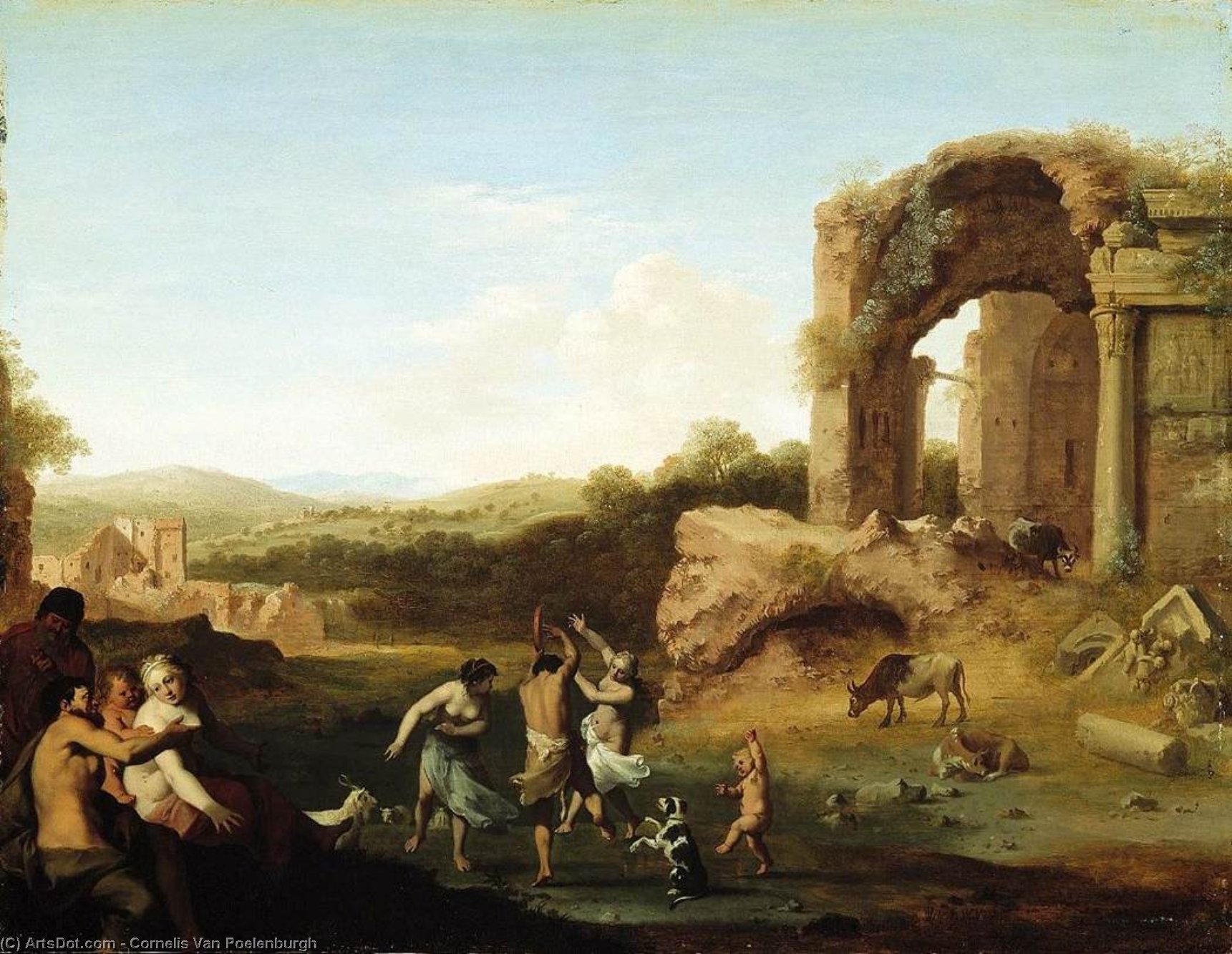 WikiOO.org - Encyclopedia of Fine Arts - Malba, Artwork Cornelis Van Poelenburgh - Figures Dancing near Ruin