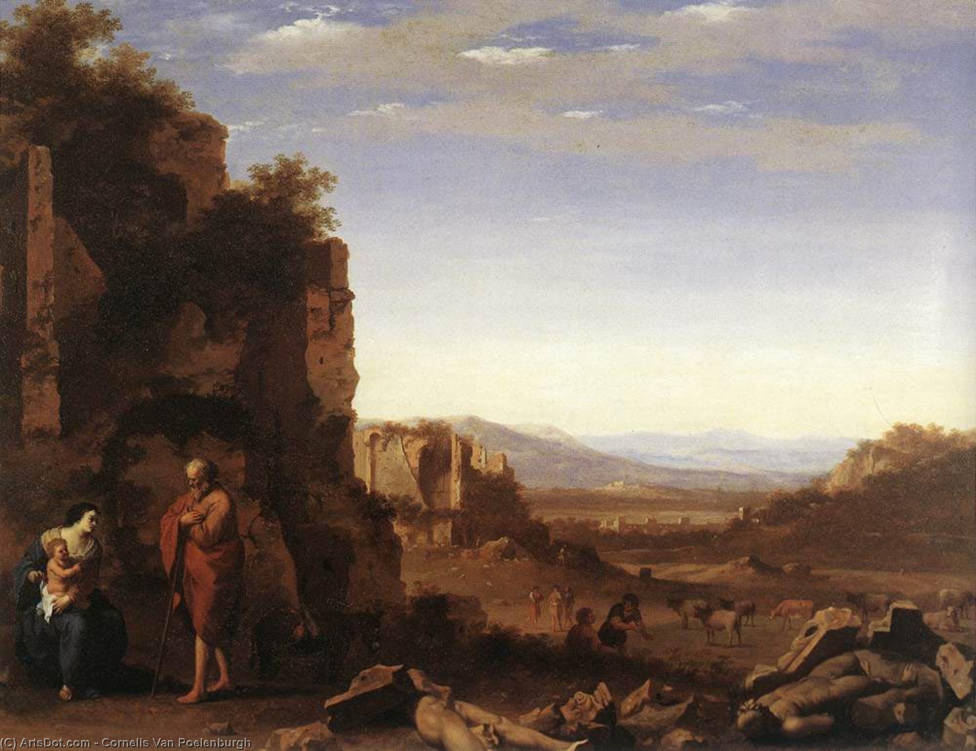 Wikioo.org - The Encyclopedia of Fine Arts - Painting, Artwork by Cornelis Van Poelenburgh - Rest on the Flight into Egypt