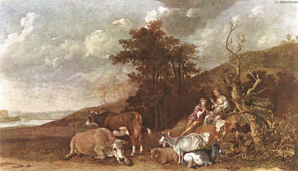 Wikioo.org - The Encyclopedia of Fine Arts - Painting, Artwork by Paulus Potter - Landscape with Shepherdess and Shepherd Playing Flute