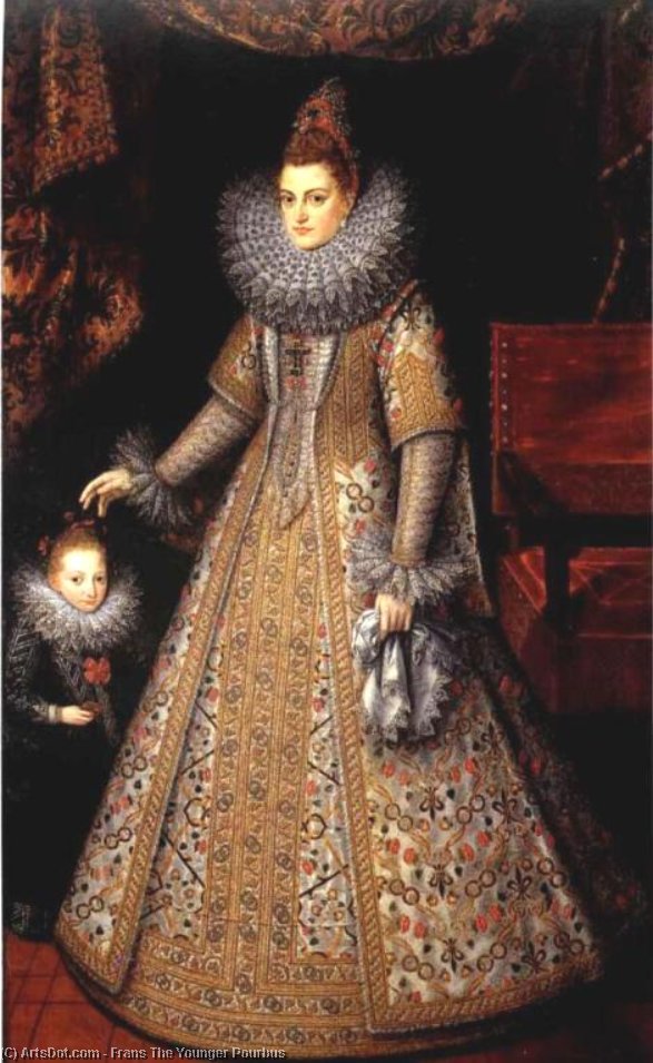 Wikioo.org - The Encyclopedia of Fine Arts - Painting, Artwork by Frans The Younger Pourbus - Portrait of Isabella Clara Eugenia of Austria with her Dwarf