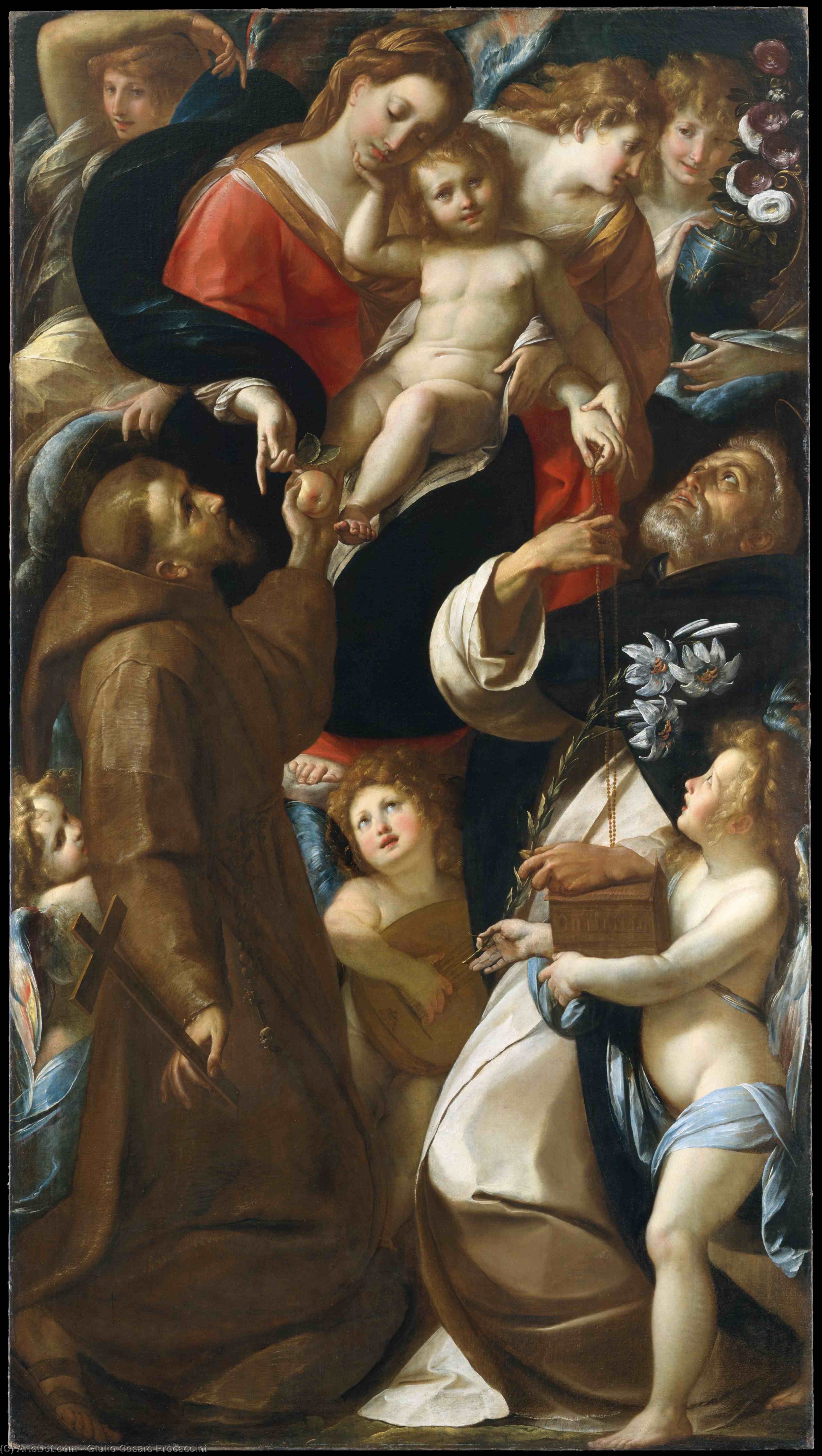 Wikioo.org - The Encyclopedia of Fine Arts - Painting, Artwork by Giulio Cesare Procaccini - Madonna and Child with Sts Francis and Dominic and Angels