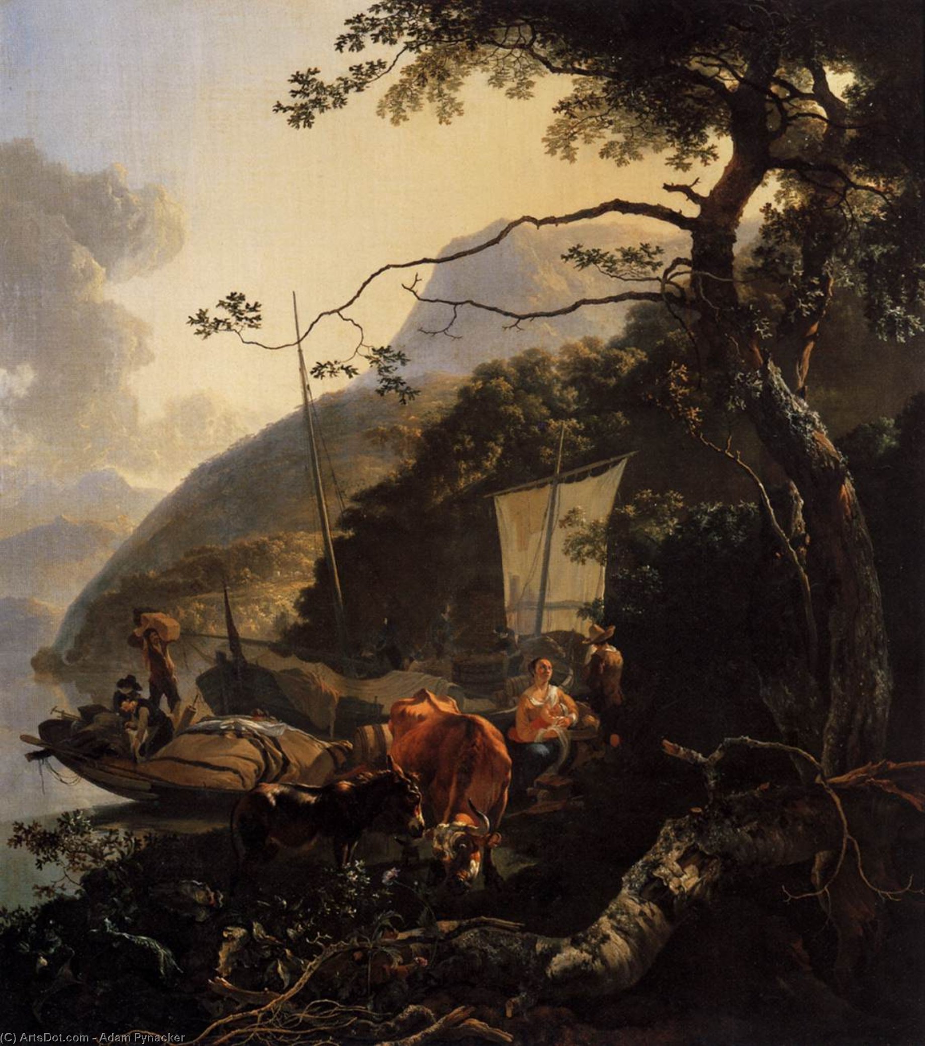 WikiOO.org – 美術百科全書 - 繪畫，作品 Adam Pynacker - 船工 停泊 上了岸 的 意大利 湖