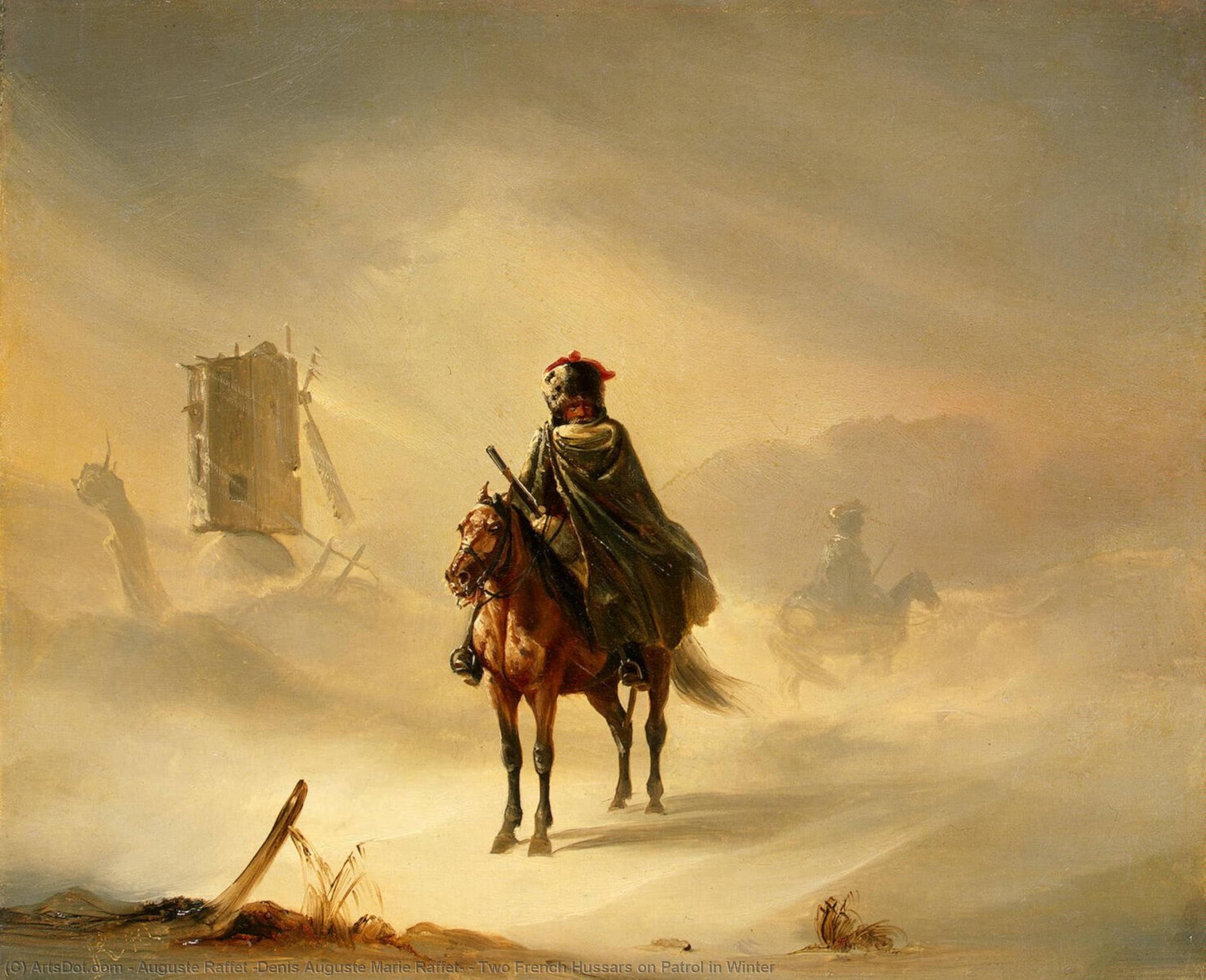 Wikioo.org - The Encyclopedia of Fine Arts - Painting, Artwork by Auguste Raffet (Denis Auguste Marie Raffet) - Two French Hussars on Patrol in Winter
