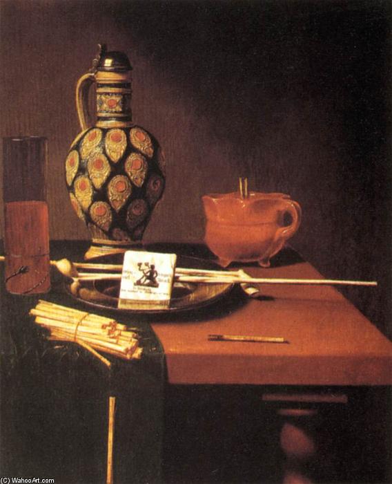 Wikioo.org - The Encyclopedia of Fine Arts - Painting, Artwork by Hubert Van Ravesteyn - Still-Life with Porcelain Vase and Smoking Tools